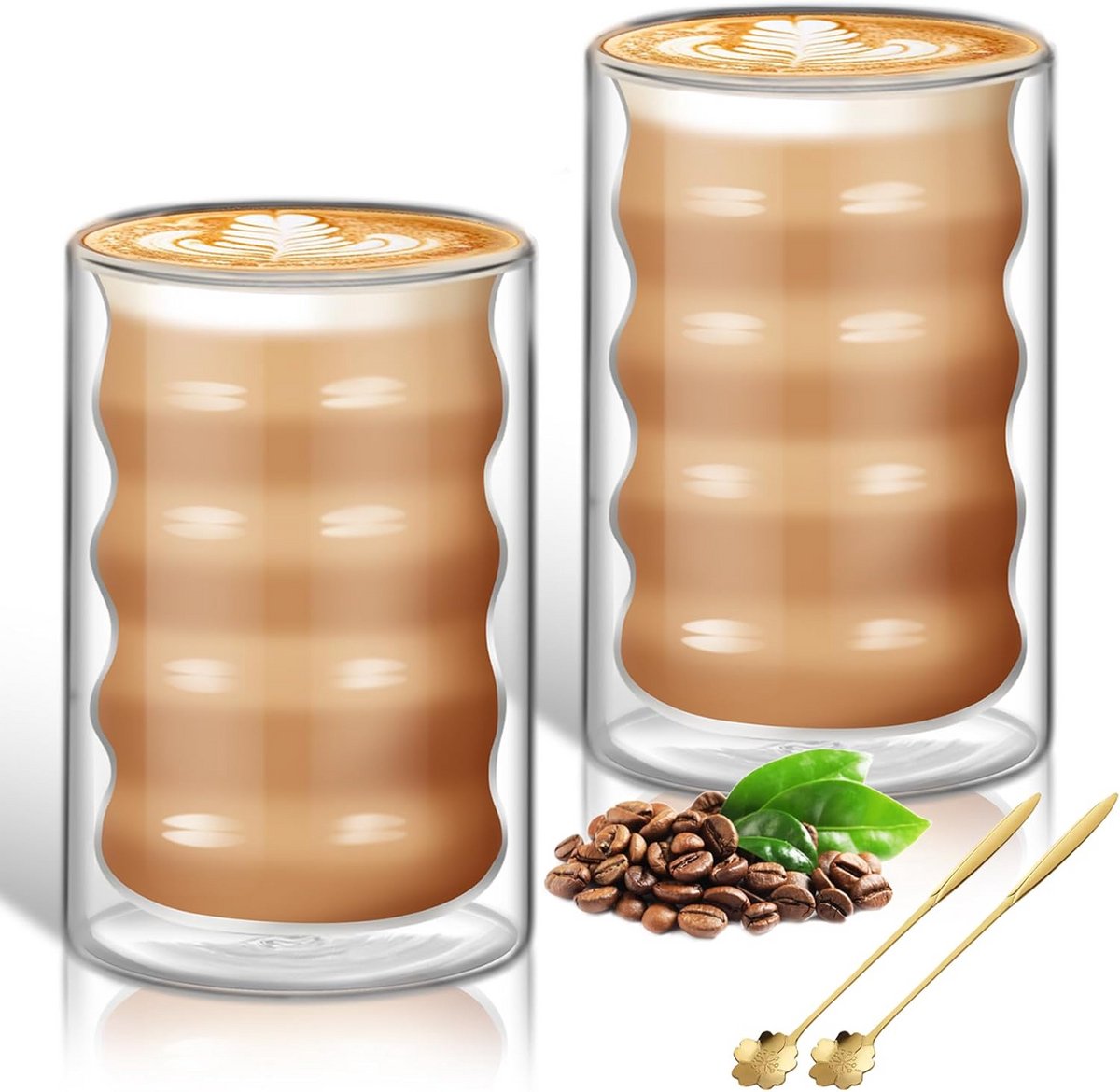 Dubbele Wandige Koffiekopjes Set van 2 - 400ml Borosilicaatglas met Lepels