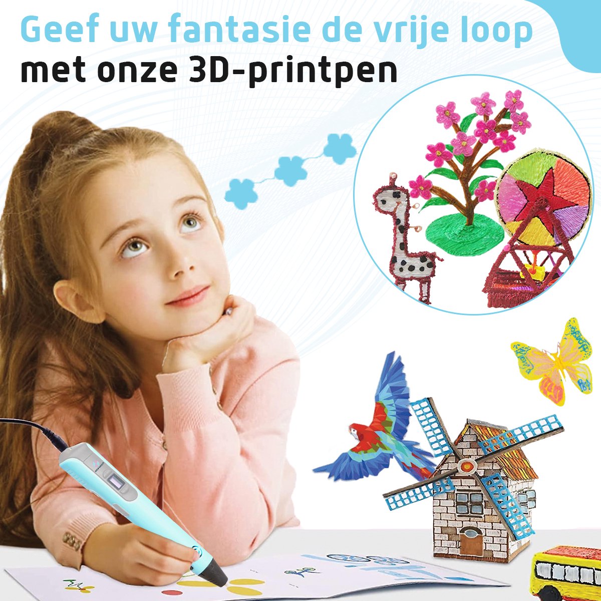 Fleau Kids 3D Pen Starterspakket Blauw L - 36m Filament - 12 Kleuren Vullingen + Vele Extra's - 2025 USB-C Model - Knutselen en Tekenen - 3D Printen - Tekenset — afbeelding 3
