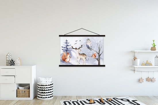 Porte-affiche avec affiche - Affiche scolaire - Hiver - Neige - Cerf - 150x100 cm - Lattes noires