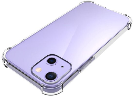 Paarse iPhone 13 Mini met transparante, schokbestendige hoes.