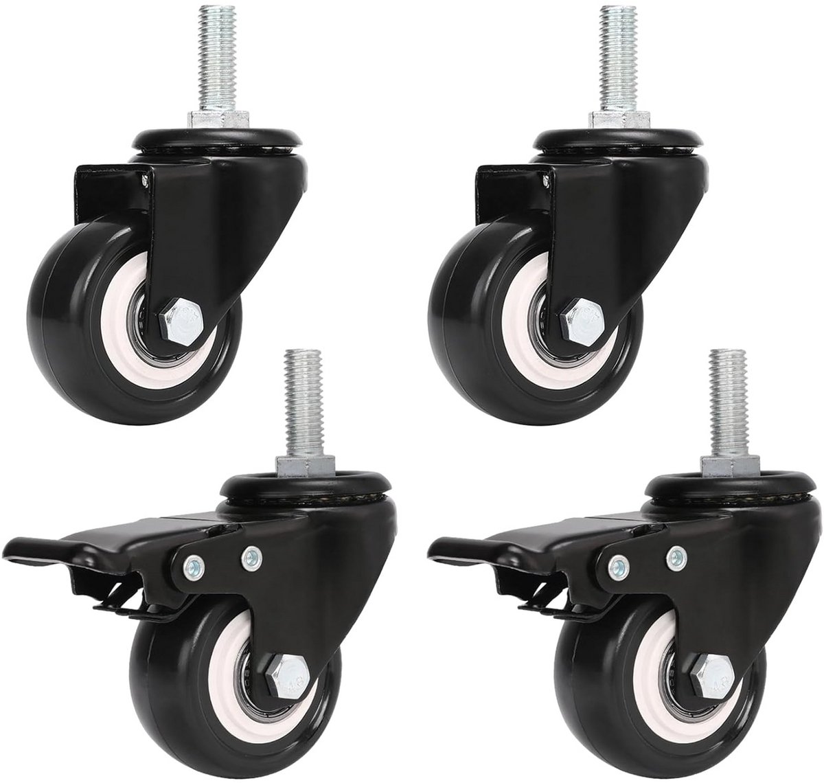Set van 4 Zwenkwielen met Rem - Geruisloos Polyurethaan - M8 Schroefdraad - 120kg Draagvermogen