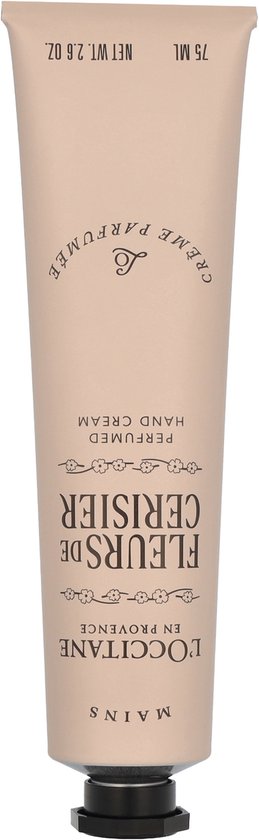 L'Occitane handcrème in een zachtroze tube met "Fleurs de Cerisier" en "Crème Parfume" tekst.