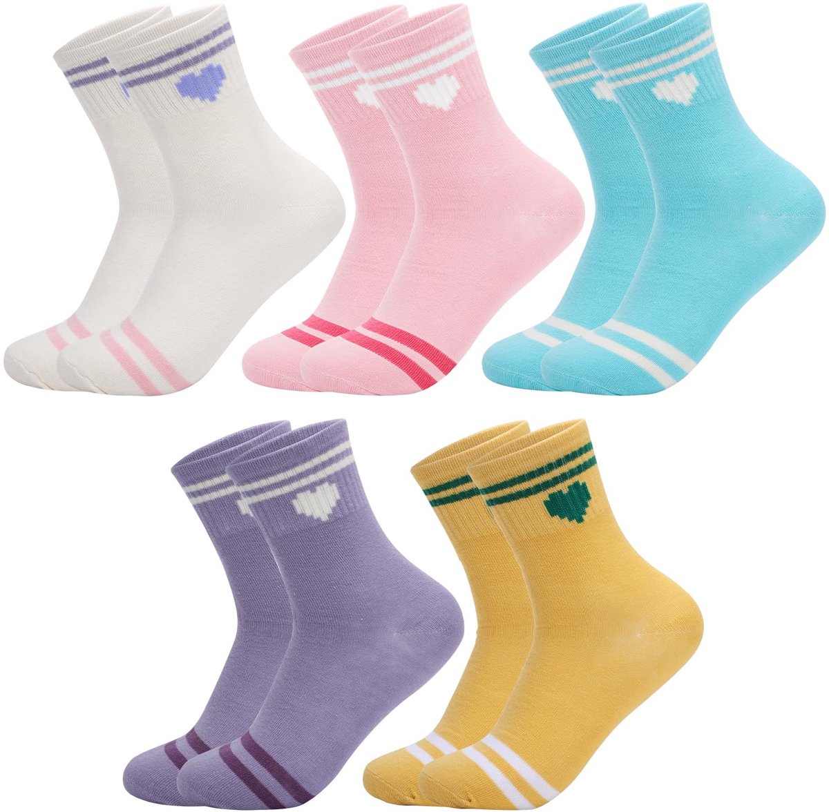 5 paar damestennissokken met hartjesmotief, antislip, ademend, schattige en comfortabele sokken van katoenmix voor hardlopen, tennis, fitness en buitensporten (maat 36-42), meerkleurig, één maat.