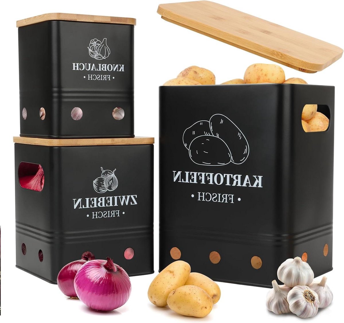 Set van 3 Aardappelcontainers - Zwarte Opslag voor Aardappelen
