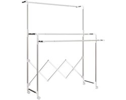 Inklapbare Vrijstaande Droogrek 103x104-150x197cm Zilver Stevig en Duurzaam Rvs Frame Met 3 Verstelbare Droogstangen en Wieltjes Gemakkelijk Te Verplaatsen Inklapbaar Ontwerp Bespaart Ruimte Geschikt voor Binnen en Buiten