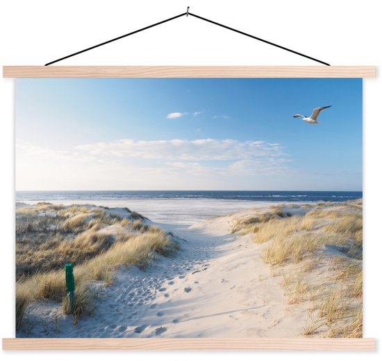 Porte-affiche avec affiche - Affiche scolaire - Dune - Mouette - Plage - Mer - Soleil - 150x113 cm - Lattes noires