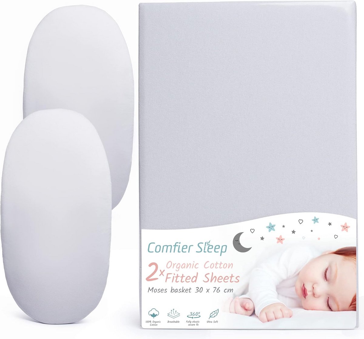 2x Hoeslaken 30x76 cm Grijs Katoen | Extra Zacht & Ademend voor Wieg of Kinderwagen