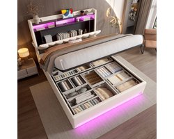 HAUSS SPOLE Gestoffeerd Bed 160x200 cm - LED-licht en USB Type-C Oplaadpunt - Met Onderbedopslag, Klapbaar Hoofdeinde - Fluweel - Beige - Zonder matras