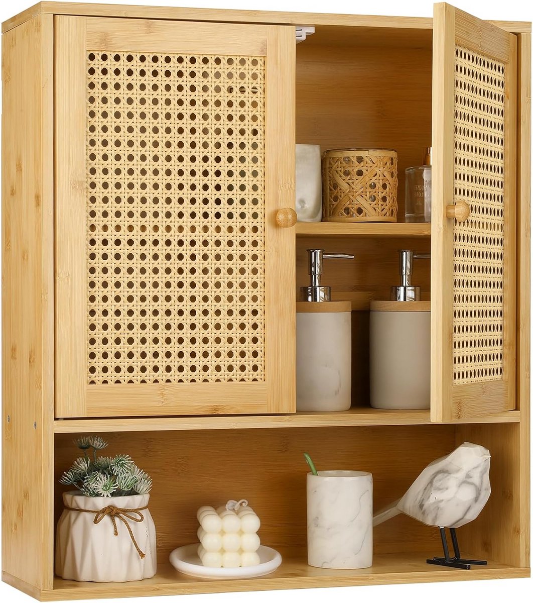 Wandkast Bamboe en Rotan met Deuren en Planken voor Badkamer of Keuken