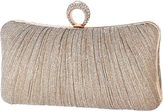 Champagne gouden clutch met plooien | Elegante avondtas voor dames | Bruiloft & feest handtas met strass sluiting | Crossbody & handtas