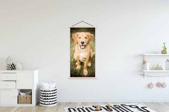 Porte-affiche incl. Affiche 90x180 cm - Affiche scolaire - Portrait d'un chiot Golden Retriever dans le jardin - Affiche textile - Lattes vierges