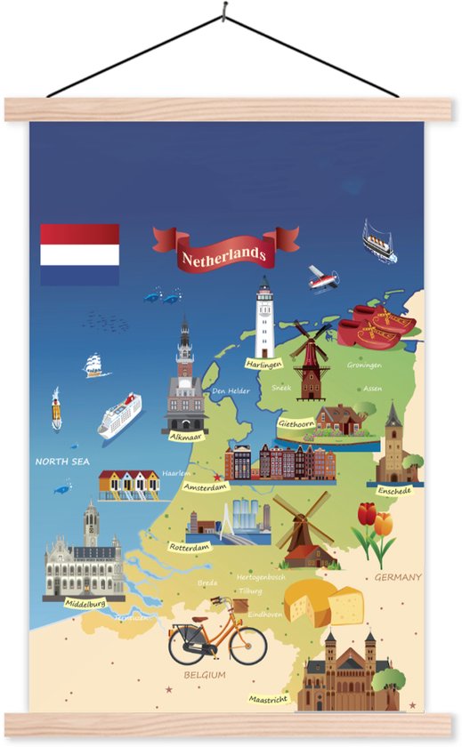 Posterhanger incl. Poster 60x90 cm - Schoolplaat - Nederland - Kinderen - Kaart - Textielposter - Blanke latten