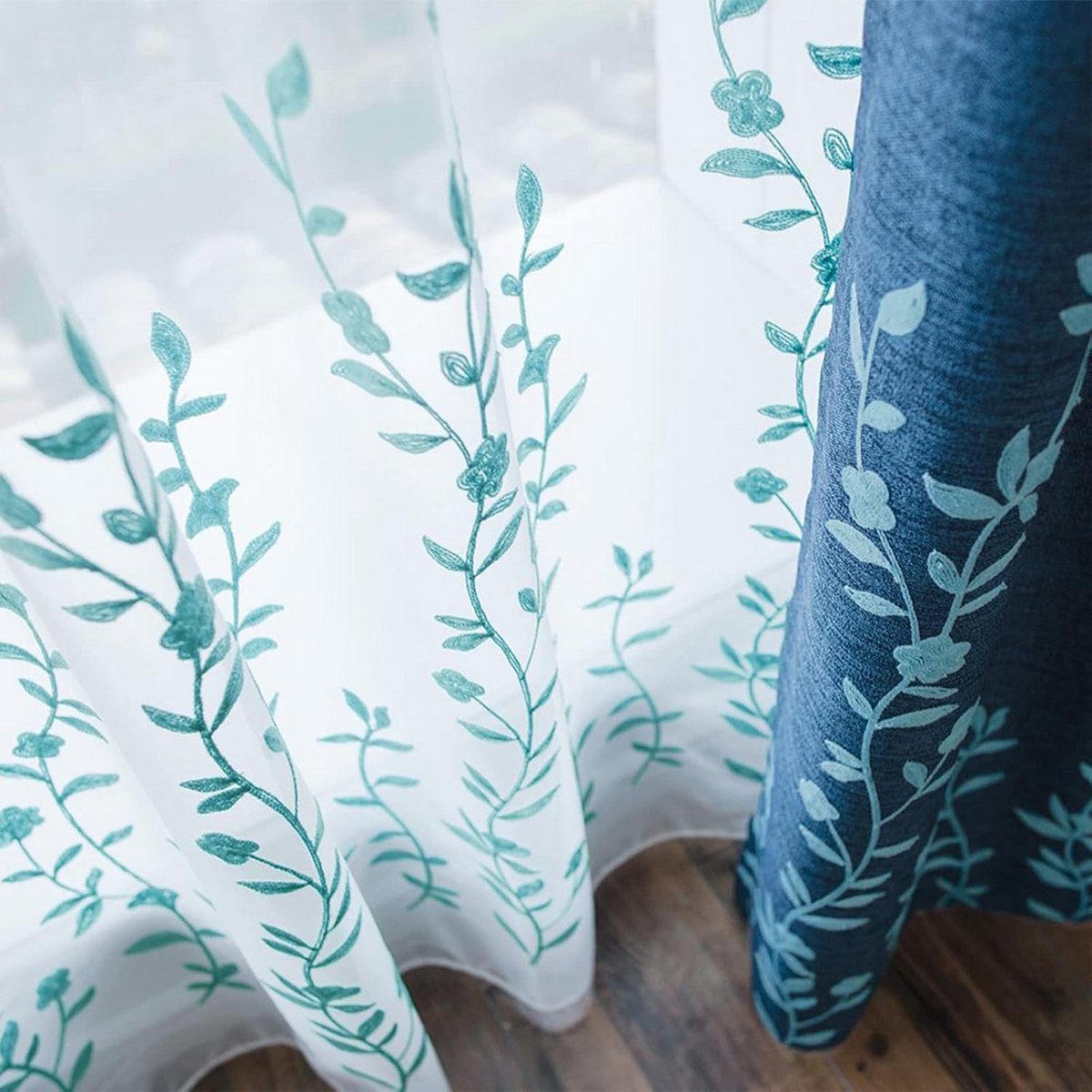 Translucent Flower Embroidery Curtain for Living Room and Bedroom - Farmhouse Style 52 x 8