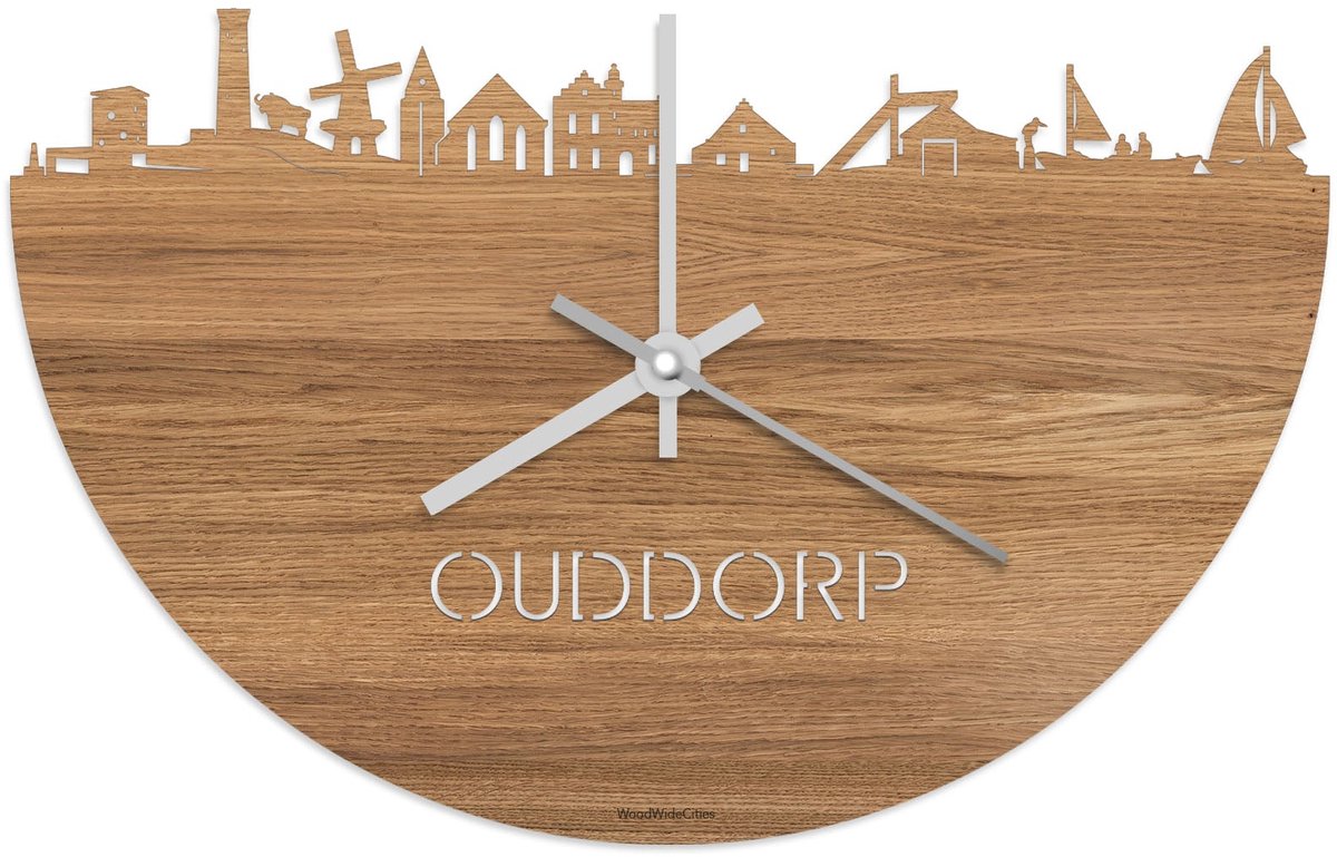 Skyline Klok Ouddorp Eikenhout - Ø 40 cm - Stil uurwerk - Wanddecoratie - Meer steden beschikbaar - Woonkamer idee - Woondecoratie - City Art - Steden kunst - Cadeau voor hem - Cadeau voor haar - Jubileum - Trouwerij - Housewarming - WoodWideCities