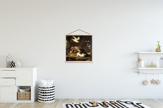 Posterhanger incl. Poster 40x40 cm - Schoolplaat - Eenden - Schilderij van Melchior d'Hondecoeter - Textielposter - Blanke latten