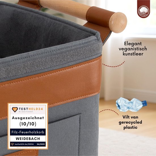 Grijze vilten mand met bruine leren accenten en houten handvat. "Elegant veganistisch kunstleer".