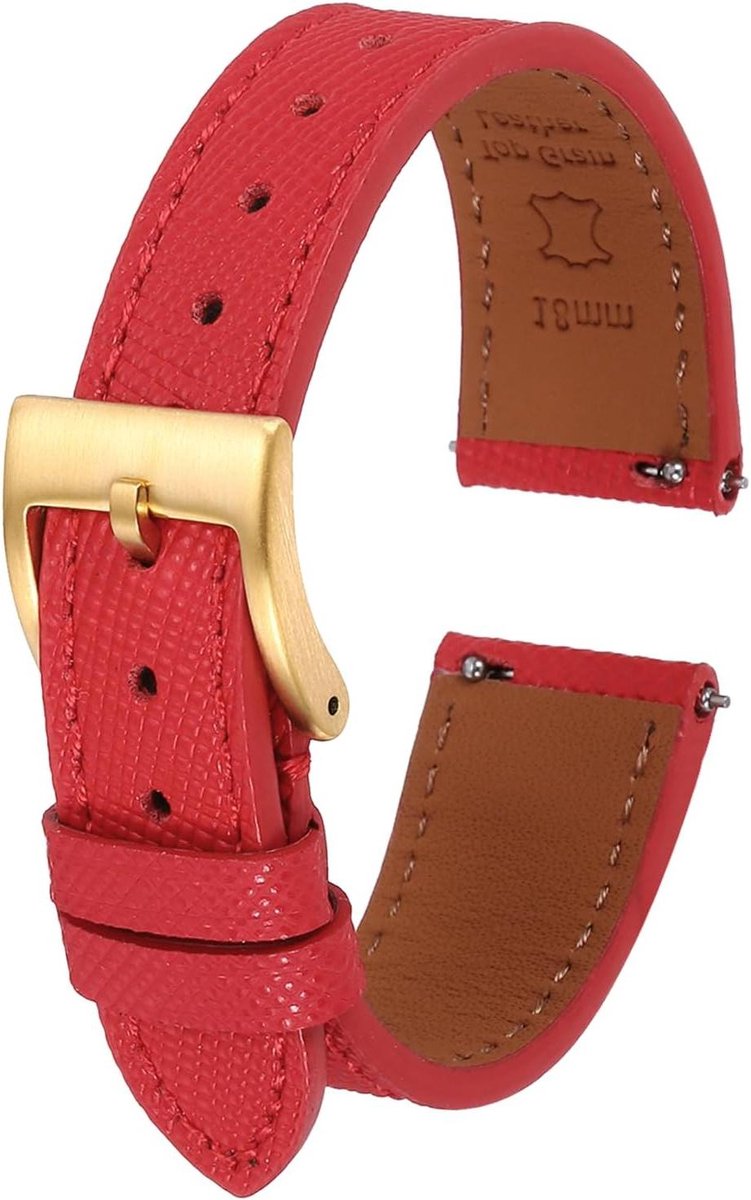 TEMGoods - Echt leren horlogebandje 18 mm rood snelwissel reservearmband gouden gesp
