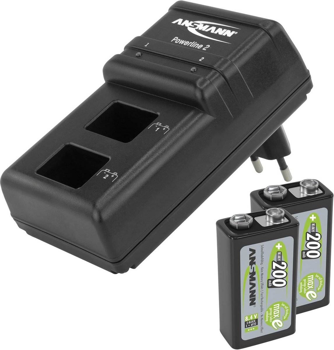 Oplader voor 9V NiMH blokaccu's - 9V Acculader met Automatische Uitschakeling en Inclusief 2x 200 mAh Accu's
