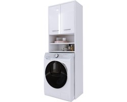 Wasmachinekast met 2 kasten en 2 planken, hoogte 180 cm, breedte 64 cm, diepte 30 cm, wit hoogglans
