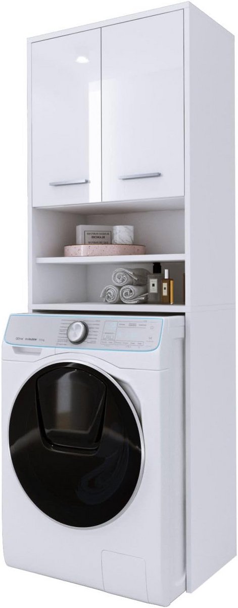 Wasmachinekast met 2 kasten en 2 planken, hoogte 180 cm, breedte 64 cm, diepte 30 cm, wit hoogglans