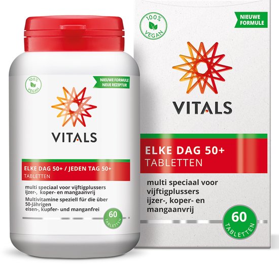 Witte Vitals fles met rode dop en een kartonnen doos, beide met een 100% vegan logo en 'nieuwe formule' aanduiding.