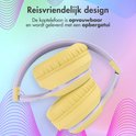 Opvouwbare gele koptelefoon met paarse hoofdband, geleverd met opbergtas.