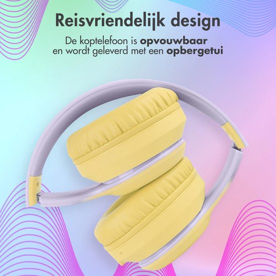 Opvouwbare gele koptelefoon met paarse hoofdband, geleverd met opbergtas.