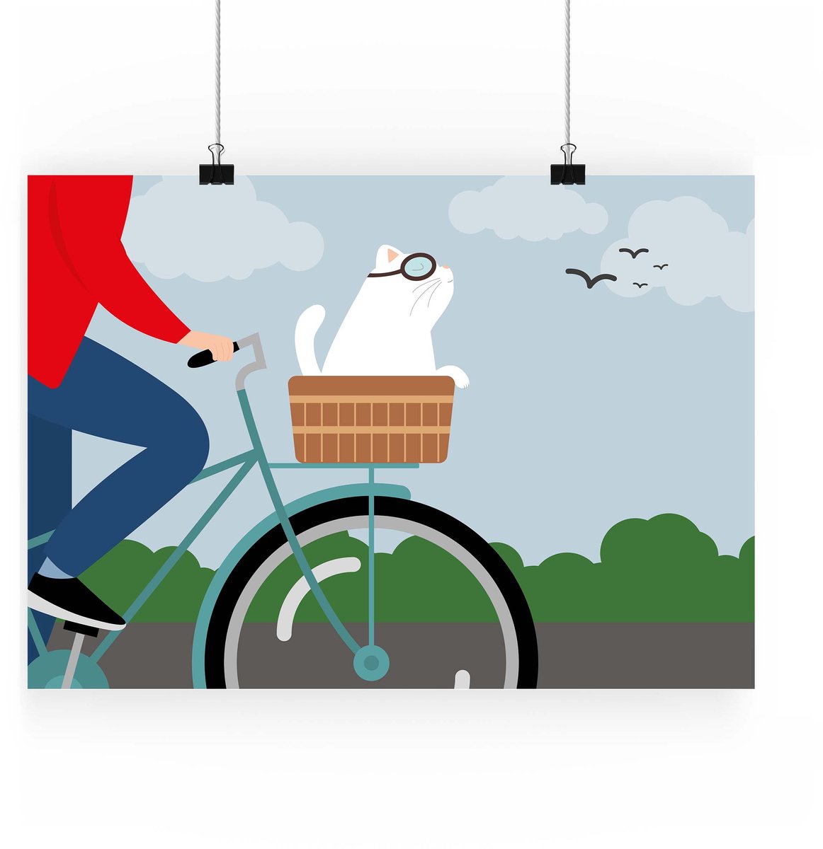 Artprint Fietsen met kat - illustratie in A4 formaat - Poster met fietsend persoon met een kat in de voormand