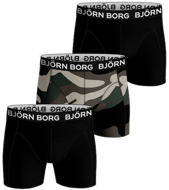 Drie Björn Borg boxershorts: twee zwart, één met camouflageprint.