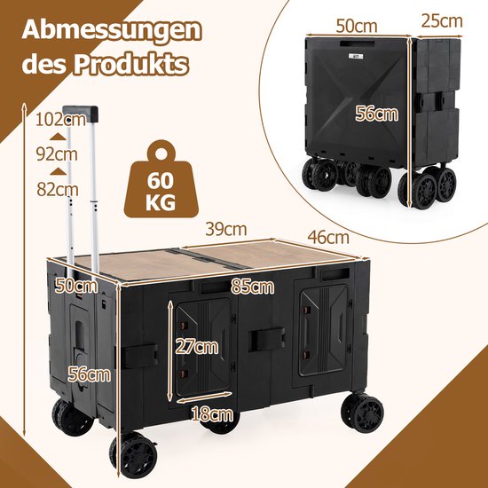 COSTWAY Bolderkar, opvouwbaar, handwagen met tafelblad, 2 opbergkisten, verstelbare handgreep en bekerhouders, 150 l, tuinwagen tot 60 kg belastbaar, transportwagen voor camping (zwart) van Costway — afbeelding 4
