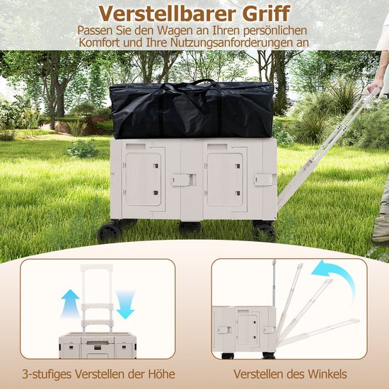 COSTWAY Bolderkar, opvouwbaar, handwagen met tafelblad, 2 opbergkisten, verstelbare handgreep en bekerhouders, 150 l, tuinwagen tot 60 kg belastbaar, transportwagen voor camping, wit van Merkloos — afbeelding 4