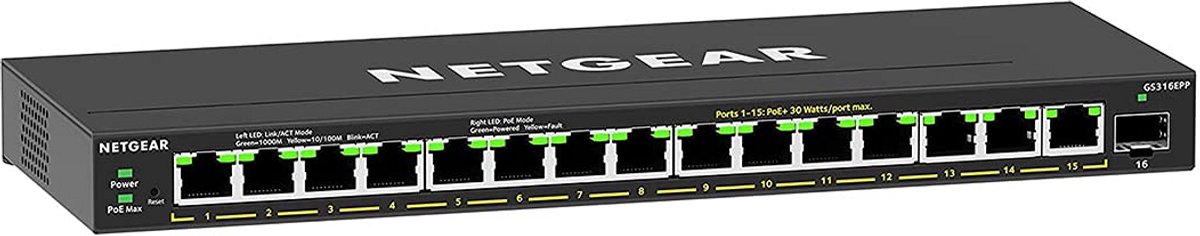16-Port PoE Gigabit Ethernet Plus Switch - Managed, 15 PoE+ Poorten @ 231W, 1G SFP Poort, Desktop of Wandmontage