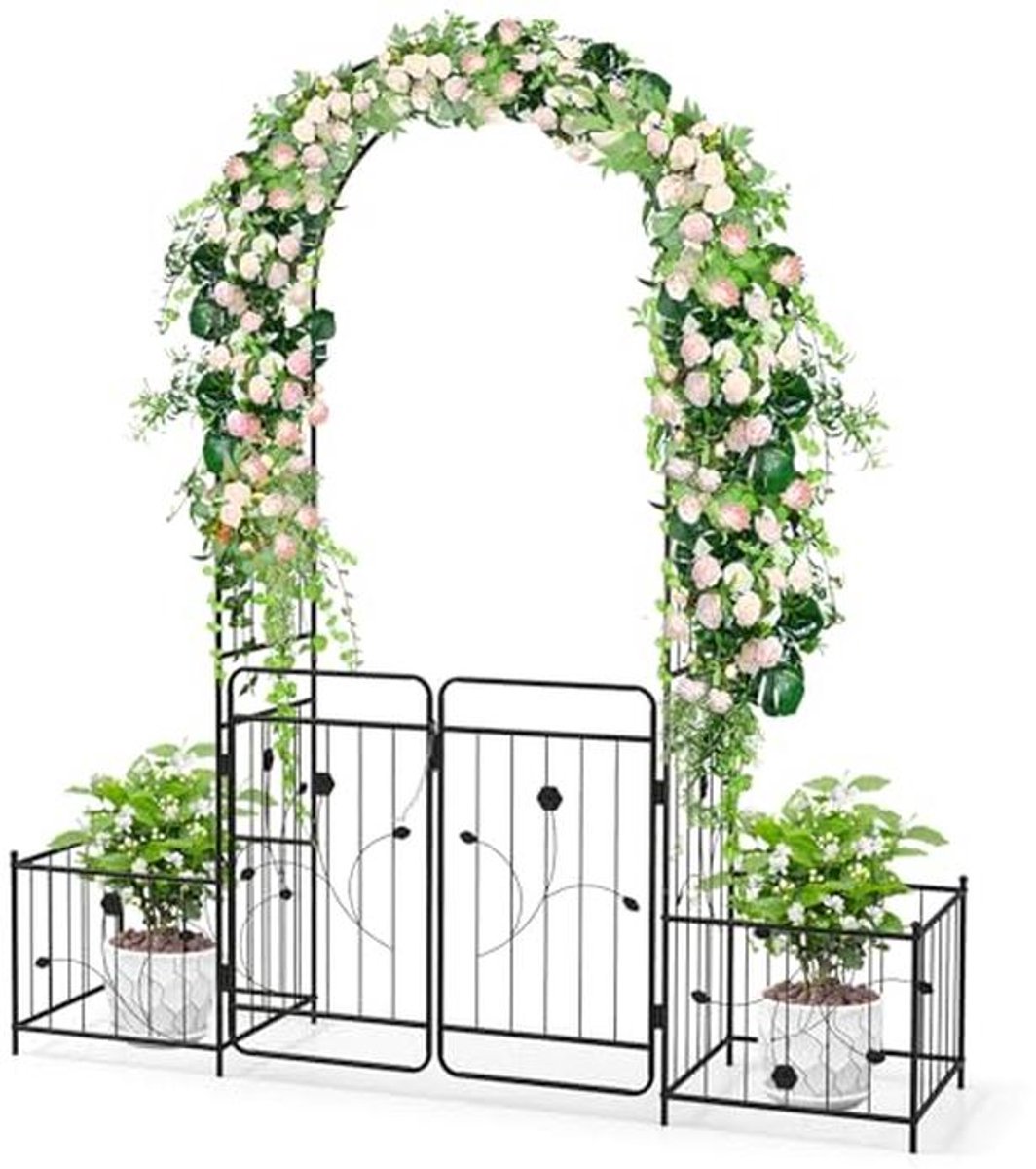 Metalen Rozenboog met Plantenbakken - Tuinpoort voor Klimplanten, 202 x 50 x 220 cm, Zwart