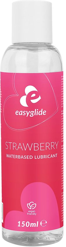 Flesje EasyGlide aardbei glijmiddel op waterbasis, met een roze label en witte tekst.