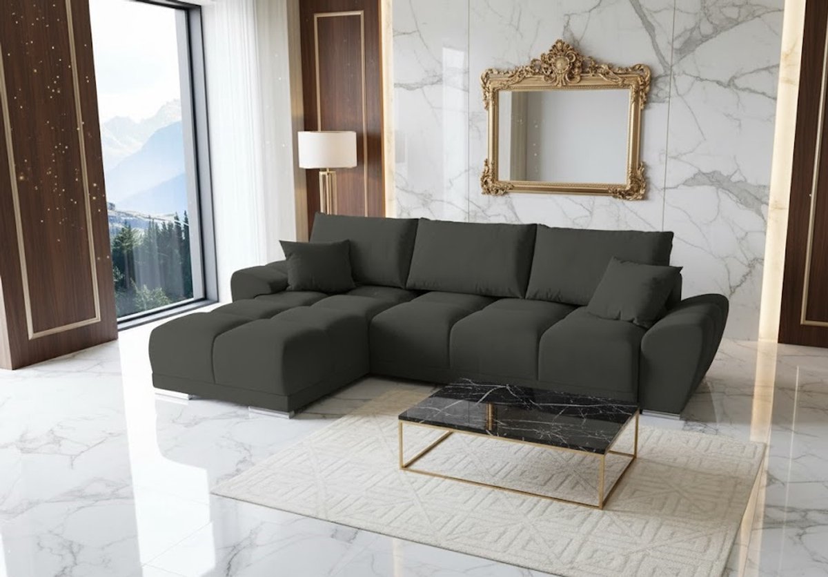 Hoekbank met Slaapfunctie L-Vorm 289 cm – Fluwelen Luxe Slaapbank met Opbergruimte & Kussens – Uittrekbare Bedfunctie – Licht Zwart – Novihome