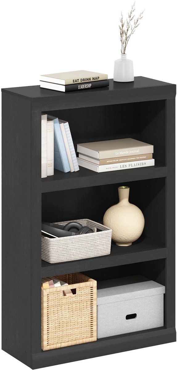 Unyqoos Moderne drievoudige boekenkast met open planken voor compacte ruimtes zwart
