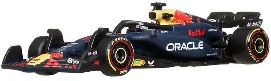 Voiture de course F1 Hot Wheels Oracle Red Bull Racing RB20, bleu foncé, rouge et jaune, sur fond blanc.