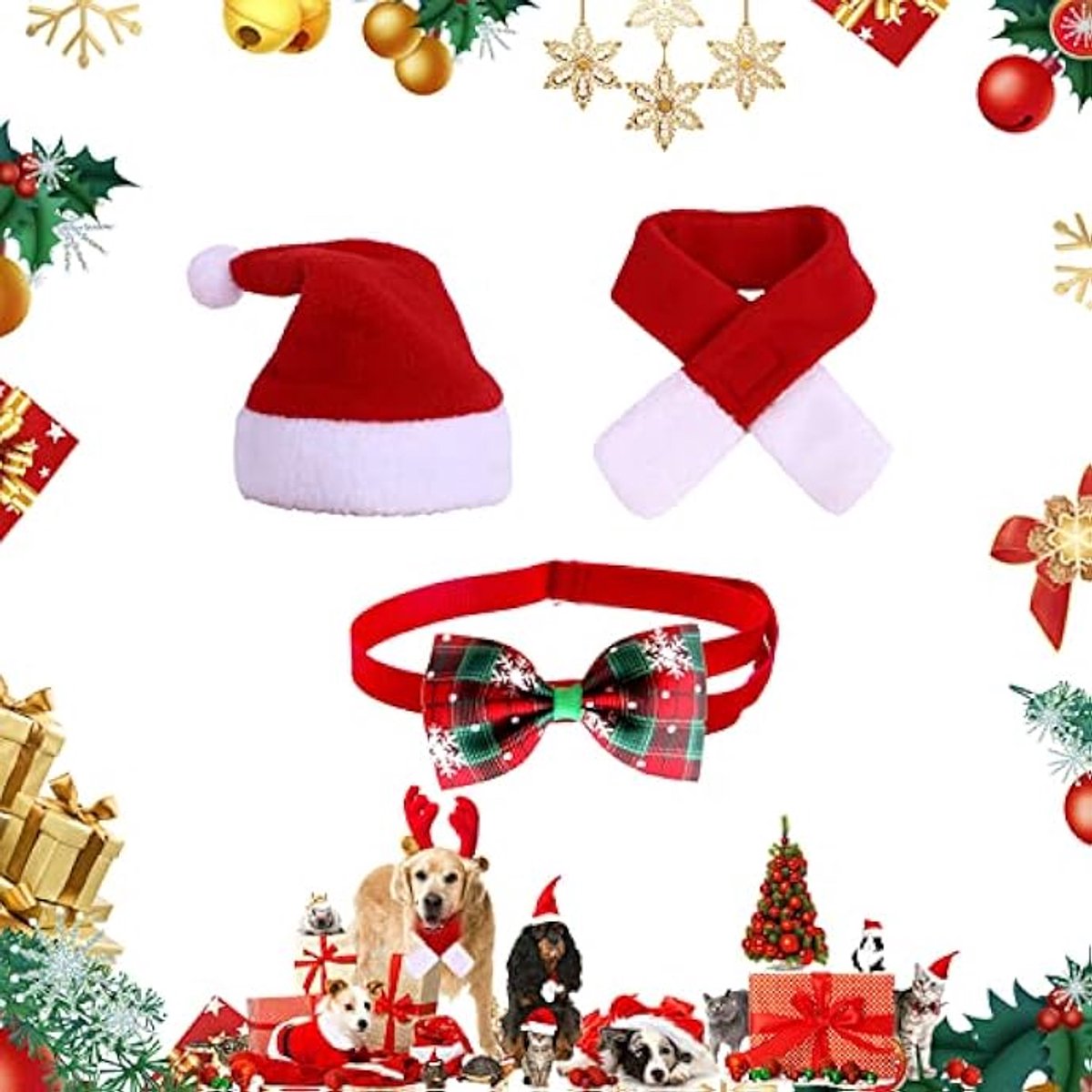 3-delig kerstkostuum, hondenkostuum, kerstpak, huisdiermuts, kat en hond kerstkostuum, huisdier, kerstkostuum, huisdier, kostuum, kat, Kerstmis, dierenkostuum (M)