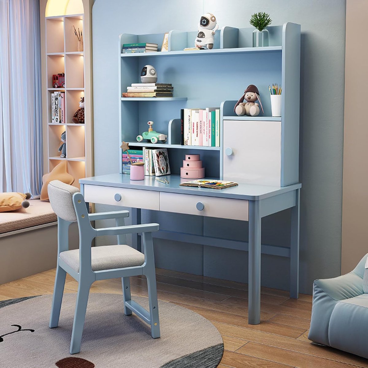 StudyPro Modern Houten Bureau met 2 Lades en Boekenplank – 120 cm Student / Home Office / Computertafel – Blauw – Novihome