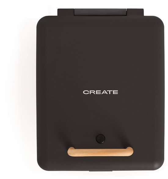 Gesloten zwart grillapparaat met houten handvat en merknaam 'CREATE'.