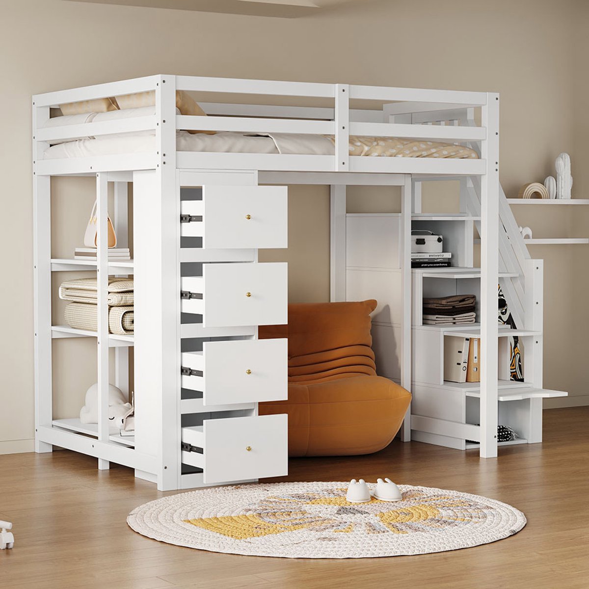 KOMHTOM BLACKCOLORS - Hoogslaper - 140x200 cm - Met Opberglade en Ladekast - Veiligheidsladder met Opbergladen - Multifunctioneel Massief Houten Bed - Kinderbed/Jeugdbed - Wit