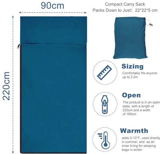 Zomerse Slaapzak - Ultralicht en Compact Blauw 220 x 90 cm — afbeelding 2