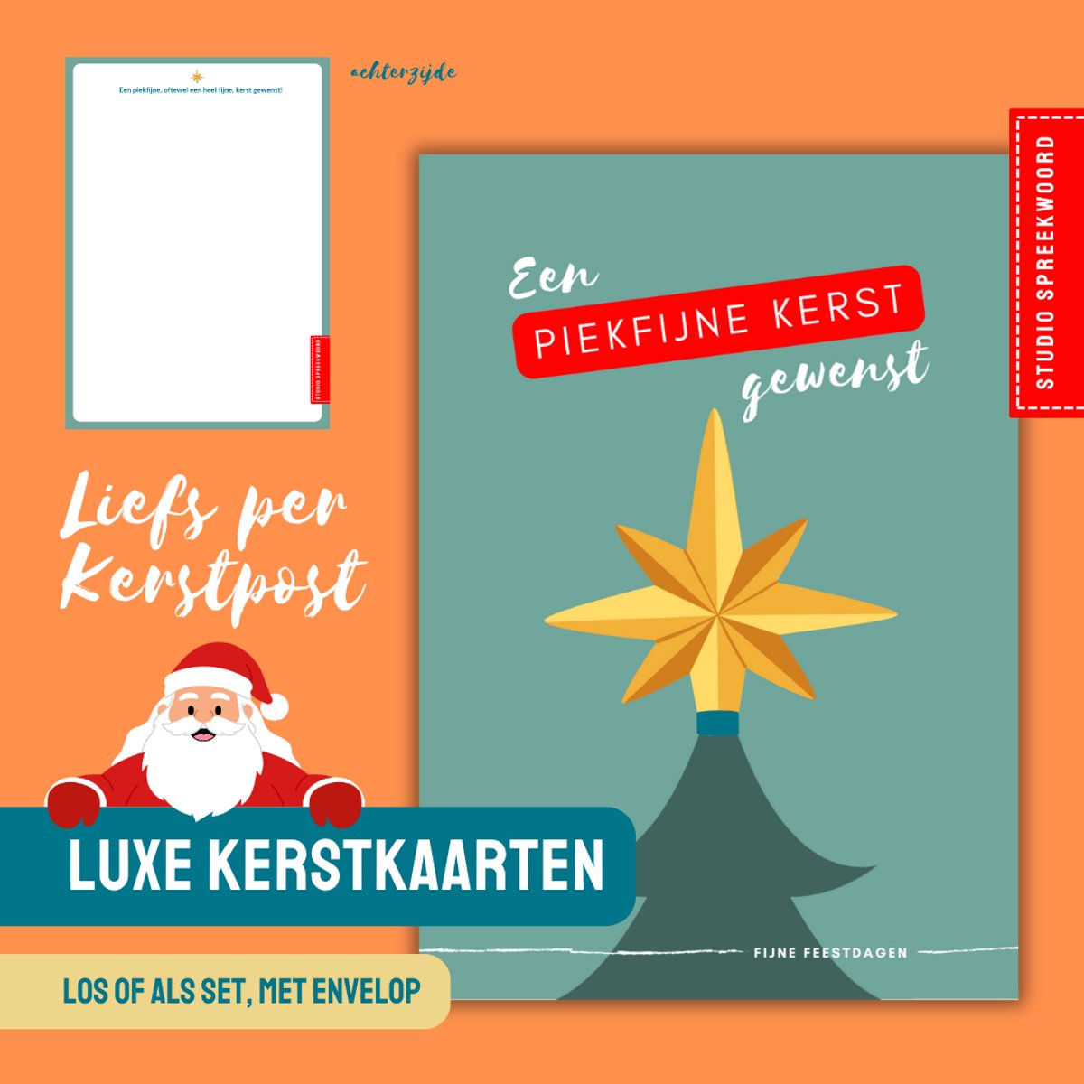 Luxe Kerstkaarten Set (5 stuks) – Grappige Spreekwoorden & Illustraties – Inclusief Enveloppen – Studio Spreekwoord