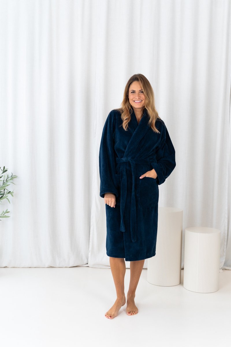 Casilin - Badjas Teddy voor Dames en Heren - Maat S - Sauna badjas Voor Volwassen - Met riem - Badstof, Fleece, Katoen - Absorberend - Wasmachinebestendig - Donkerblauw, Blauw