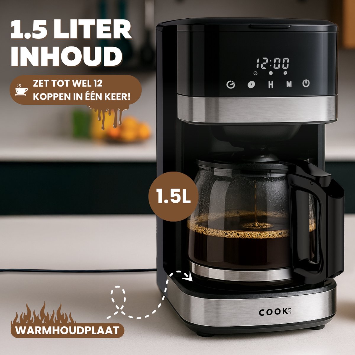 Koffiezetapparaat Filterkoffie - Coffee Machine - Touch Display - Instelbare Sterkte - Warmhoudfunctie - Anti-Drup - Zwart/RVS - COOK-IT thumbnail 4