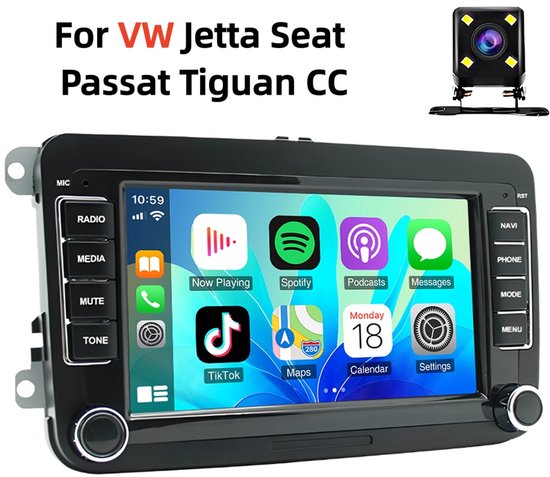 GPS Navigatie Auto Stereo met Draadloos CarPlay for VW Passat-Jetta-Tiguan-CC & Seat | 7inch Android 13 2+32G + Achteruitrijcamera