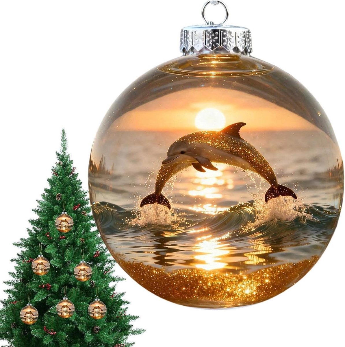 3D Kerstballen met vogel en zeeschildpad thema voor feestelijke decoratie.
