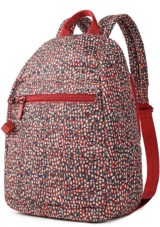 Rugzak met rode ritsen en een abstracte print in rood, groen en blauw. Met Hedgren-logo.
