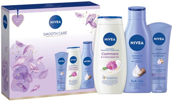 Foto: Nivea smooth care geschenkset vrouwen cadeauset verjaardag bodymilk douchegel handcreme valentijn cadeautje vrouw