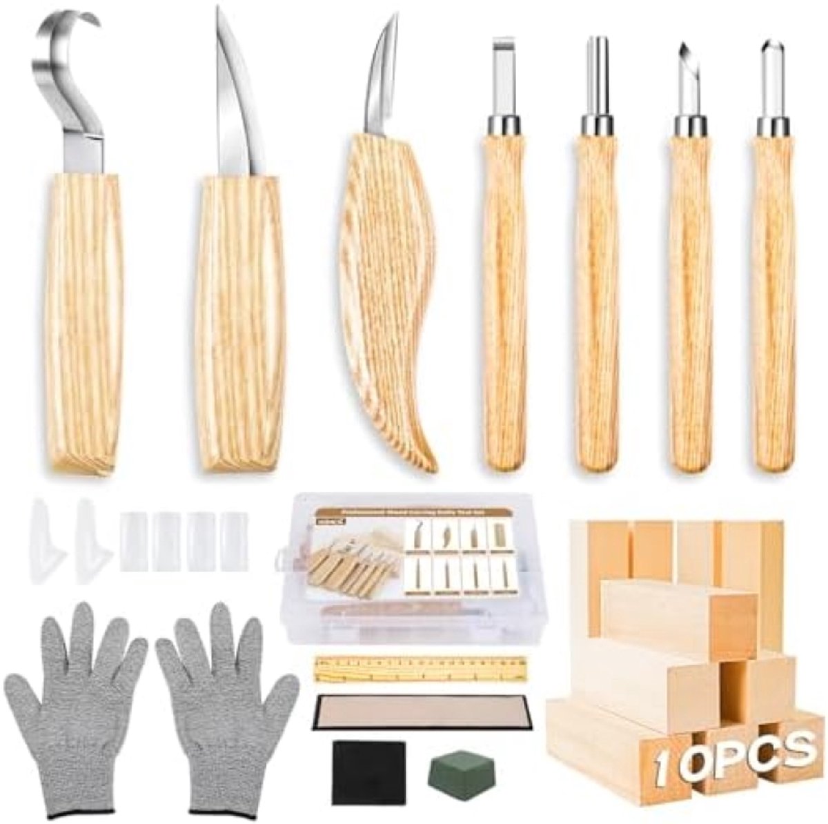 PromoHome Houtsnijgereedschapsset, 23-in-1 Snijset met 7 Snijmessen, Houtgereedschap voor Beginners en Professionals, Snijbestendige Handschoenen en Slijpstenen (Set B-bruin)
